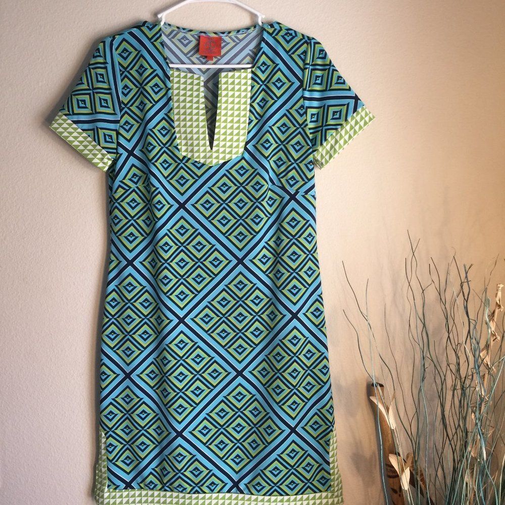 Tracy Negoshian Geometric Shift Dress XS Aqua Lime Tunic